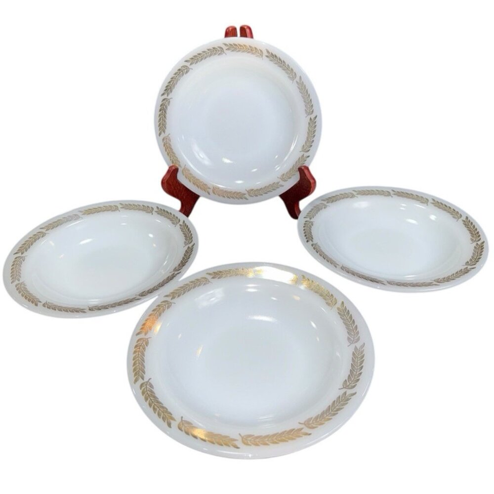 4 Vintage Federal White Milk Glass Meadow Gold Bowl Plates 8.2" USA   Made